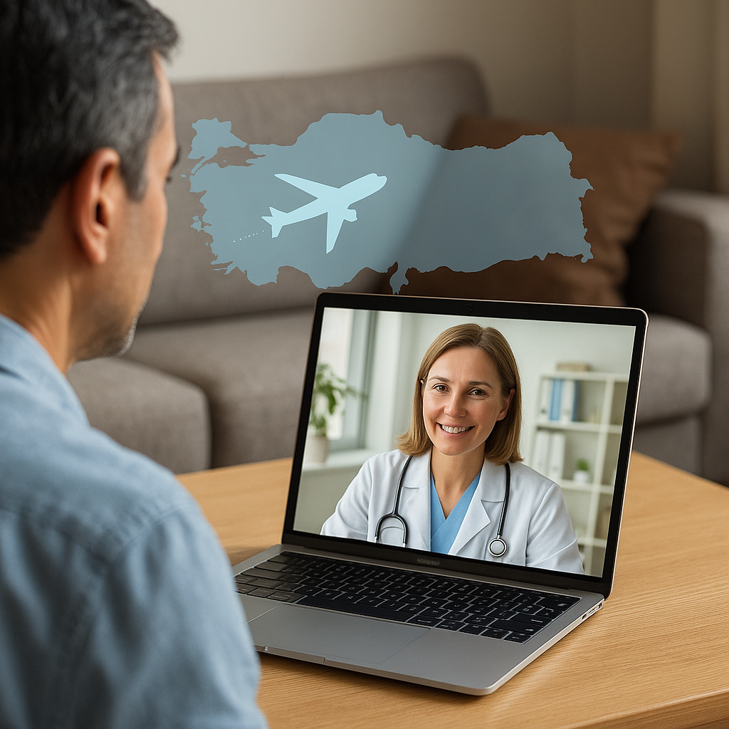 Laptop ekranında telekonsültasyon yapan doktor ve hasta; üstte Türkiye haritasıyla sağlık turizmi vurgusu.