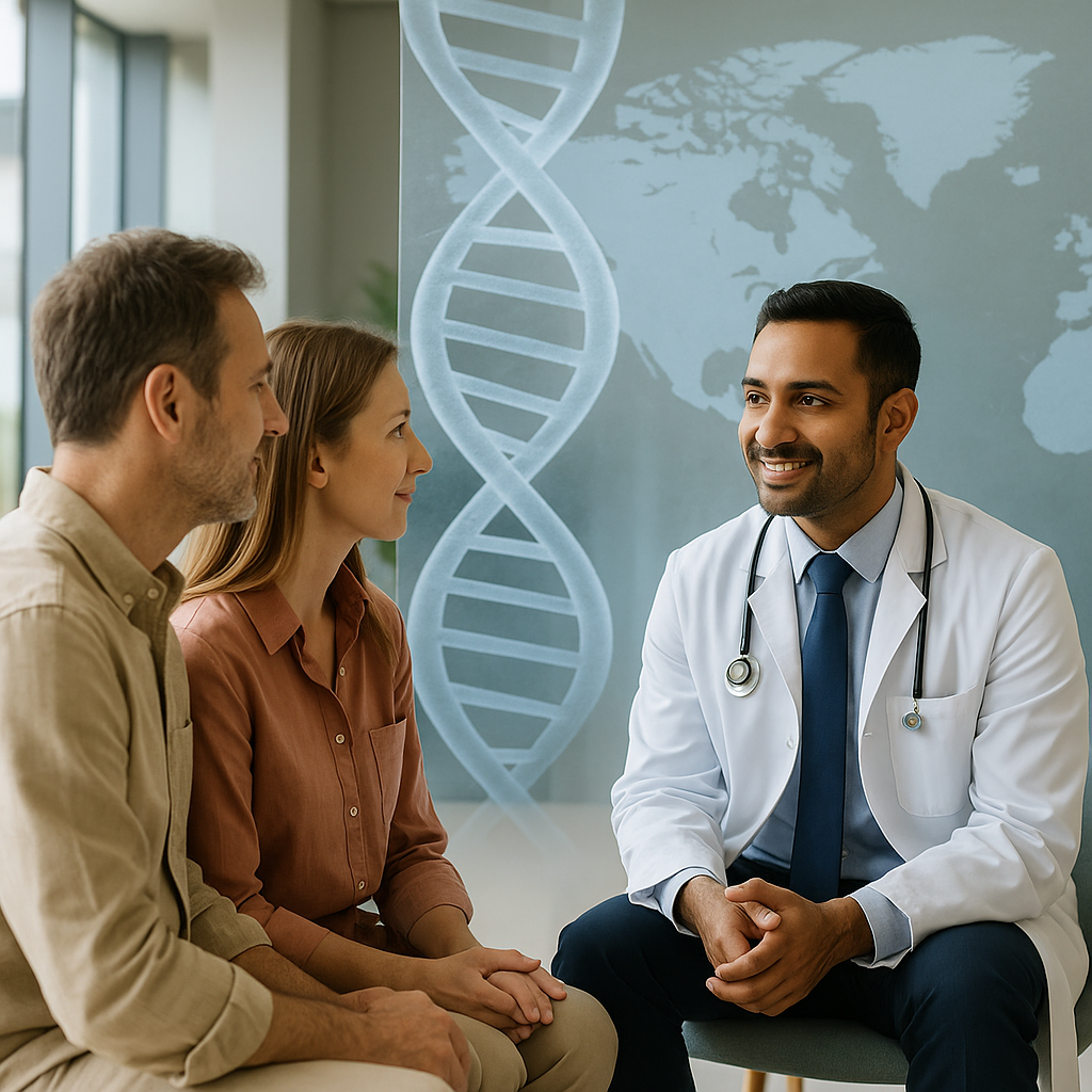 Arka planda DNA sarmalı ve dünya haritası bulunan modern muayene odasında, doktor ve hasta yüz yüze gen turizmi danışmanlığı yaparken.